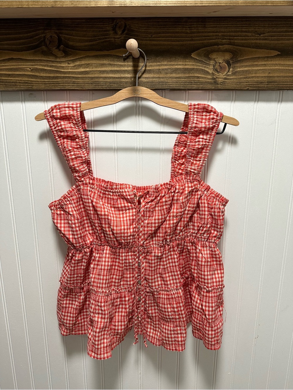 Rewind Red Gingham Peplum Button front Tie top Sz large